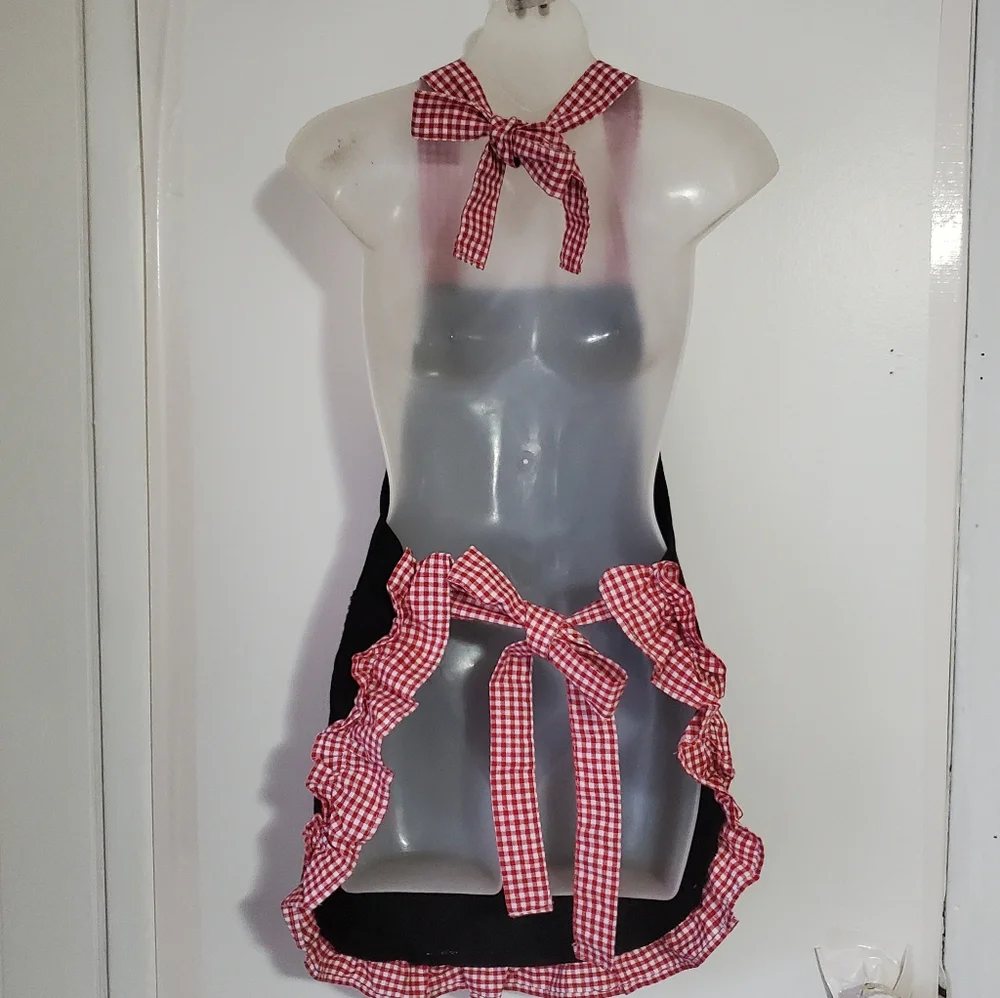 BLACK Kitchen Cooking Apron Red & White Gingham Checked Ruffle Dress Style